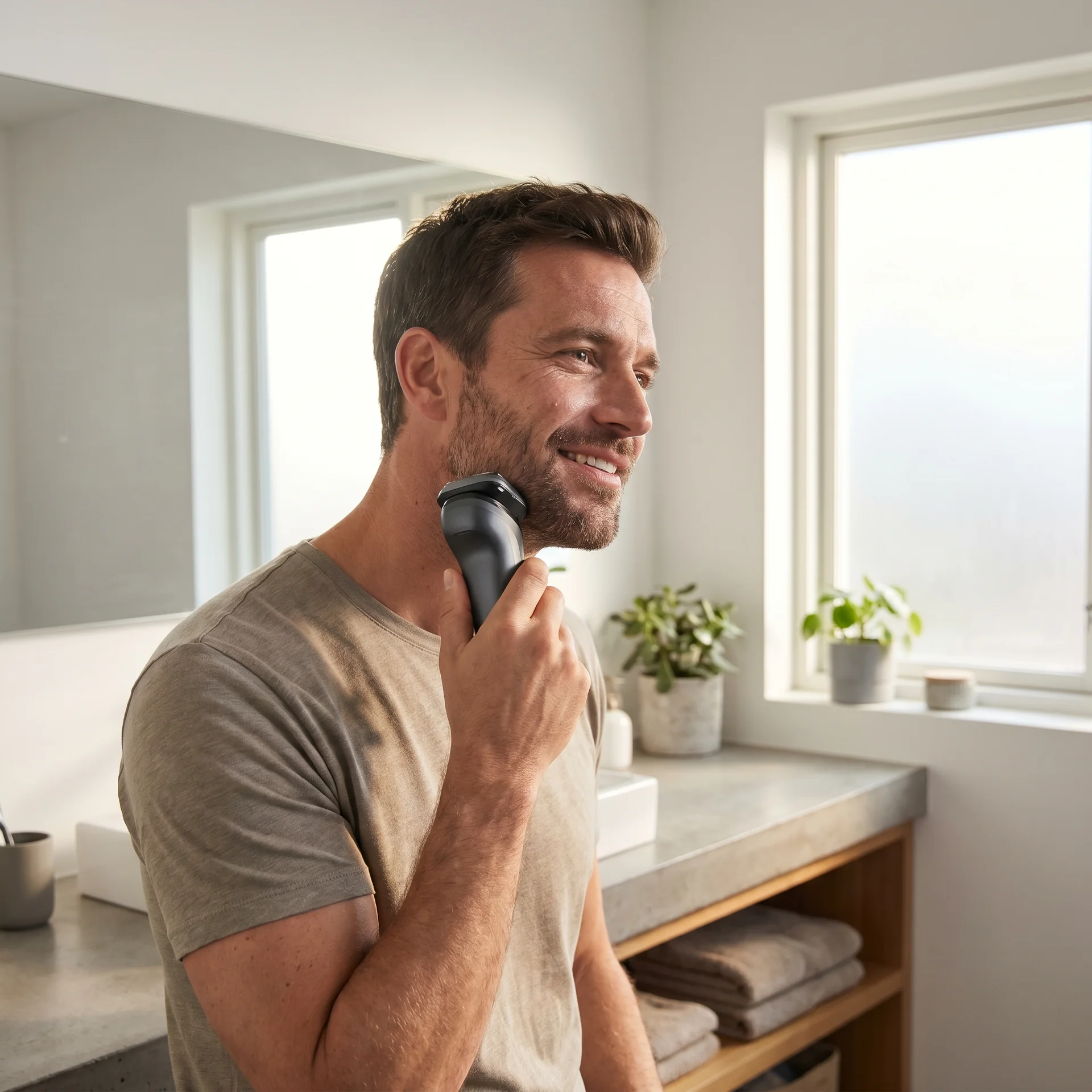 Uomo che utilizza un rasoio elettrico a casa